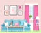 Cute colorful living room interior design with furniture. Retro style room.