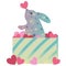Cute colorful magic bunny with hearts and stars. Rabbit in bright funny gift box. Cartoon character design, flat vector