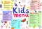 Cute colorful meal kids menu template with cute monsters, fruits, geometric elements.