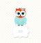 Cute colorful owl sitting on white sign with text Hello, illustration