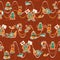 Cute and Colorful Rows of Office Robots in green, orange, yellow and reddish colors on a technical brown background