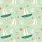 Cute colorful sailboat seamless pattern with anchor and lifebuoy background illustration