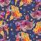 Cute colorful seamless pattern with calico goldfish and lionhead goldfish over deep blue backgroud for textile or book covers,