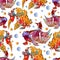 Cute colorful seamless pattern with calico goldfish and lionhead goldfish over white backgroud for textile or book covers,