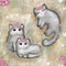 Cute colorful seamless pattern in retro style. Beautiful fluffy kitties with pink flowers around their head.
