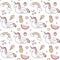 Cute colorful seamless vector pattern background illustration with float unicorn, rainbow, ice cream, pineapple, cherry, strawberr