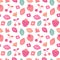 Cute colorful seamless vector pattern background illustration with strawberries, cherries, leaves and flowers