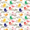 Cute, colorful seamless vector pattern with birds and tree branches