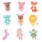 Cute colorful soft plush animal toys set of vector Illustrations