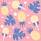 Cute colorful summertime seamless vector pattern background illustration with pineapples, lollipops and monstera leaves