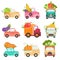 Cute Colorful Trucks Delivering Giant Fresh Vegetables, Shipping of Ripe Farm and Garden Agricultural Products Vector