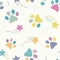 Cute colorful vector pattern for pets with paws and shooting stars