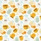 Cute and colorful vector seamless hand drawn pattern with glass of squeezed orange juice, smoothie, coffee, tea and milk. Can be