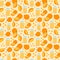 Cute and colorful vector seamless hand drawn pattern with glass of squeezed orange juice, whole and half of orange. Can be used