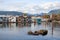 Cute, colourful floating houseboats line the docks in Mosquito Creek Marina, North Vancouver,