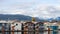 Cute, colourful floating houseboats line the docks in Mosquito Creek Marina, North Vancouver,