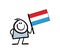 Cute comics man holding flag of Luxembourg in rising up hand. Vector illustration of stickman waving national sign of