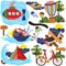 Cute compositions, collection of different types of transport, boat on the water, bicycle, spaceship, submarine, hot
