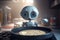 Cute confused robot trying to make breakfast, pancakes. Artificial intelligence and robotics development concept