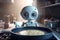 Cute confused robot trying to make breakfast, pancakes. Artificial intelligence and robotics development concept