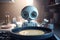 Cute confused robot trying to make breakfast, pancakes. Artificial intelligence and robotics development concept