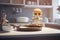 Cute confused robot trying to make breakfast, pancakes. Artificial intelligence and robotics development concept