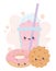 Cute cookie donut and milkshake kawaii cartoon character