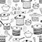 Cute cooking pots and lettering. Seamless pattern.