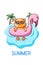 Cute and cool cat swimming in the summer cartoon illustration