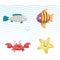 Cute coral reef fishes vector illustration icons set. Vector isolated cartoon gray fish, striped fish, crab and starfish .