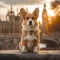 Cute Corgi dog on the British tourist attractions background, British cute pet concept