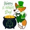 Cute corgi dog dressed as leprechaun, holding green beer mug, with pot of gold coins vector cartoon illustration. St. Patrick`s