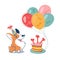 Cute Corgi on his birthday. Dog with his tongue sticking out, in a festive cap. Party with cake and balls. Welshkorgi in