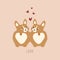 Cute corgi puppies and red hearts. Corgi dogs in love. Love card for Valentine\\\'s Day.