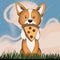 A cute corgi stands on its hind legs and has a piece of pizza in its mouth
