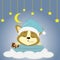 A cute Corgie puppy in a green hat is sleeping on a pillow. Lying on a cloud, holding a bear, against the background of
