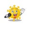 Cute corona virus diagnosis sings a song with a microphone