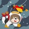Cute cosmonaut bear in a spacesuit flies in outer space.