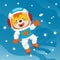 Cute cosmonaut lion in a spacesuit flies in outer space. Vector illustration on the space theme in cartoon style