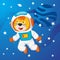 Cute cosmonaut lion in a spacesuit flies in outer space. Vector illustration on the space theme in cartoon style