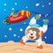 Cute cosmonaut monkey in a spacesuit flies in outer space. Vector illustration on the space theme in cartoon style