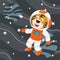 Cute cosmonaut tiger in a spacesuit flies in outer space. Vector illustration on the space theme in cartoon style