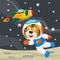 Cute cosmonaut tiger in a spacesuit flies in outer space. Vector illustration on the space theme in cartoon style