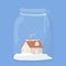 Cute, cosy little house, home with snowflakes in glass jar, text Merry Christmas. Greeting card, poster design