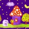 A cute cottage with mushroom roof, white dog, garden and starlit sky with moon in a seamless pattern