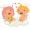 Cute couple angels, cupids or amur. Cartoon vector illustration of Valentine`s Day