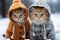 cute couple of animals are warmly dressed in winter, wrapped in cozy, natural fur or feathers. adorable huddle together