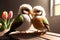 Cute couple of birds in love among tulips. AI generated illustration