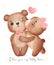 Cute couple brown teddy bears, girl kisses boy, Happy Valentine, adorable cartoon watercolor hand drawn vector illustration