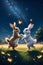 A cute couple of bunny rabbit, dancing under a starlit sky in open field, soft glow of fieeflies, butterflies, cartoon, nature